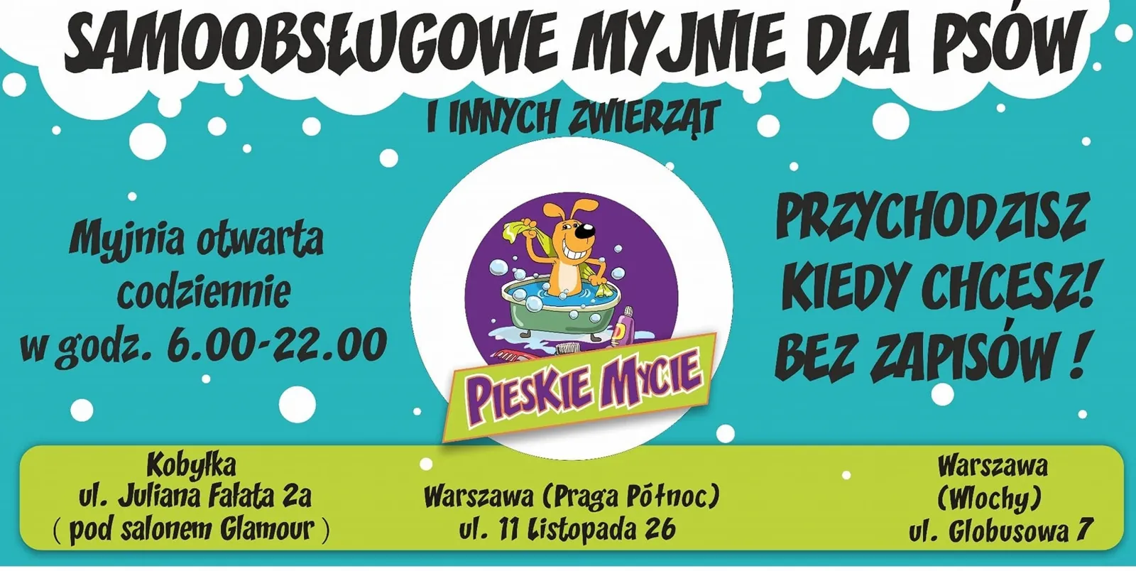 Baner reklamowy Pieskie Mycie – samoobsługowe myjnie dla psów, otwarte codziennie 6:00–22:00