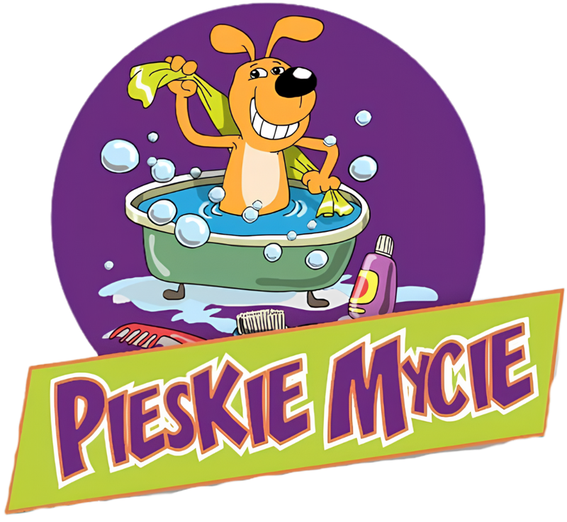 Maskotka Pieskie Mycie – uśmiechnięty piesek w zielonej wannie pełnej piany